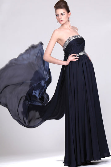 A-Line Dark Navy Chiffon Strapless With Beading Bridesmaid Dress(UKBD03-481)