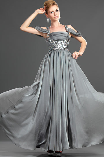 A-Line Silver Chiffon Off The Shoulder With Beading Bridesmaid Dress(UKBD03-482)