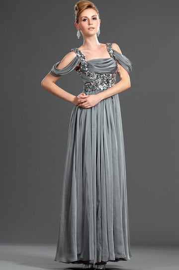 A-Line Silver Chiffon Off The Shoulder With Beading Bridesmaid Dress(UKBD03-482)
