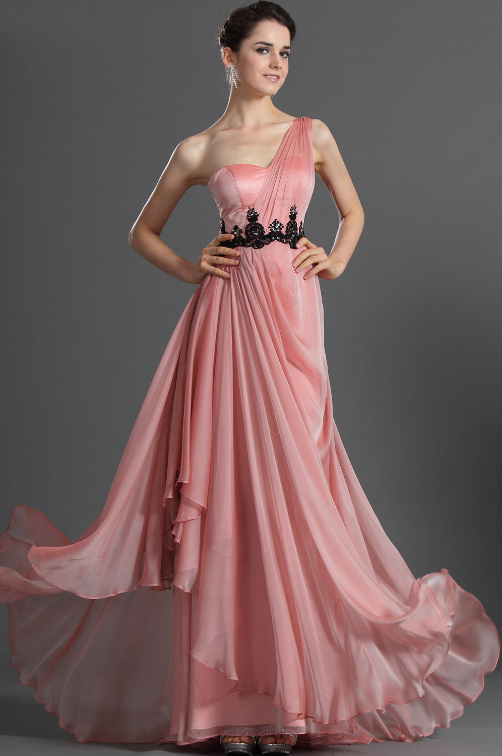 Salmon Pink Satin Chiffon One Shoulder With Appliques Bridesmaid Dress(UKBD03-490)