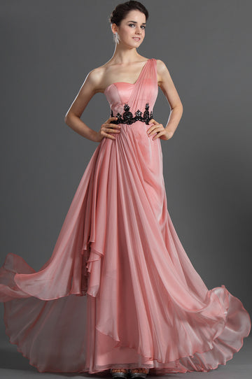 Salmon Pink Satin Chiffon One Shoulder With Appliques Bridesmaid Dress(UKBD03-490)