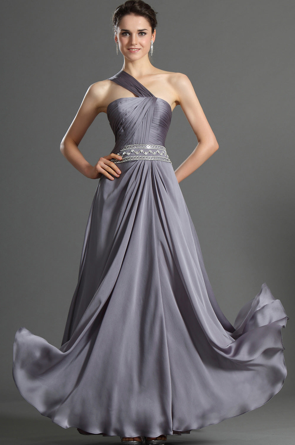 A-Line Dark Gray Chiffon One Shoulder With Beading Bridesmaid Dress(UK