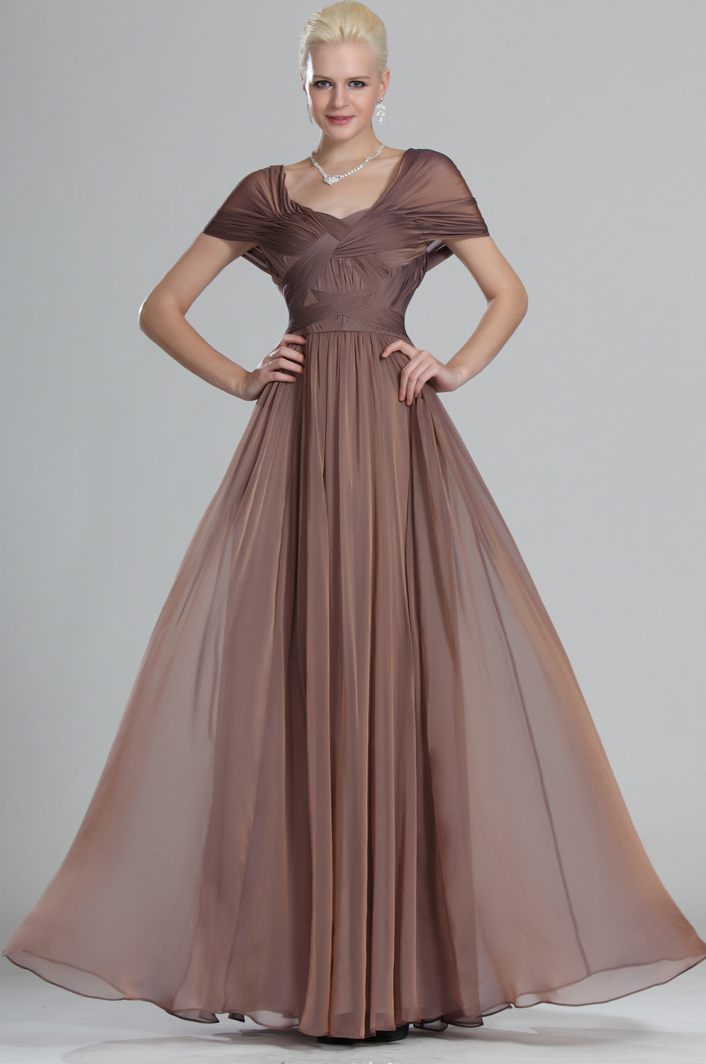 A-Line Brown Chiffon One Shoulder Short Sleeve Bridesmaid Dress(UKBD03-493)