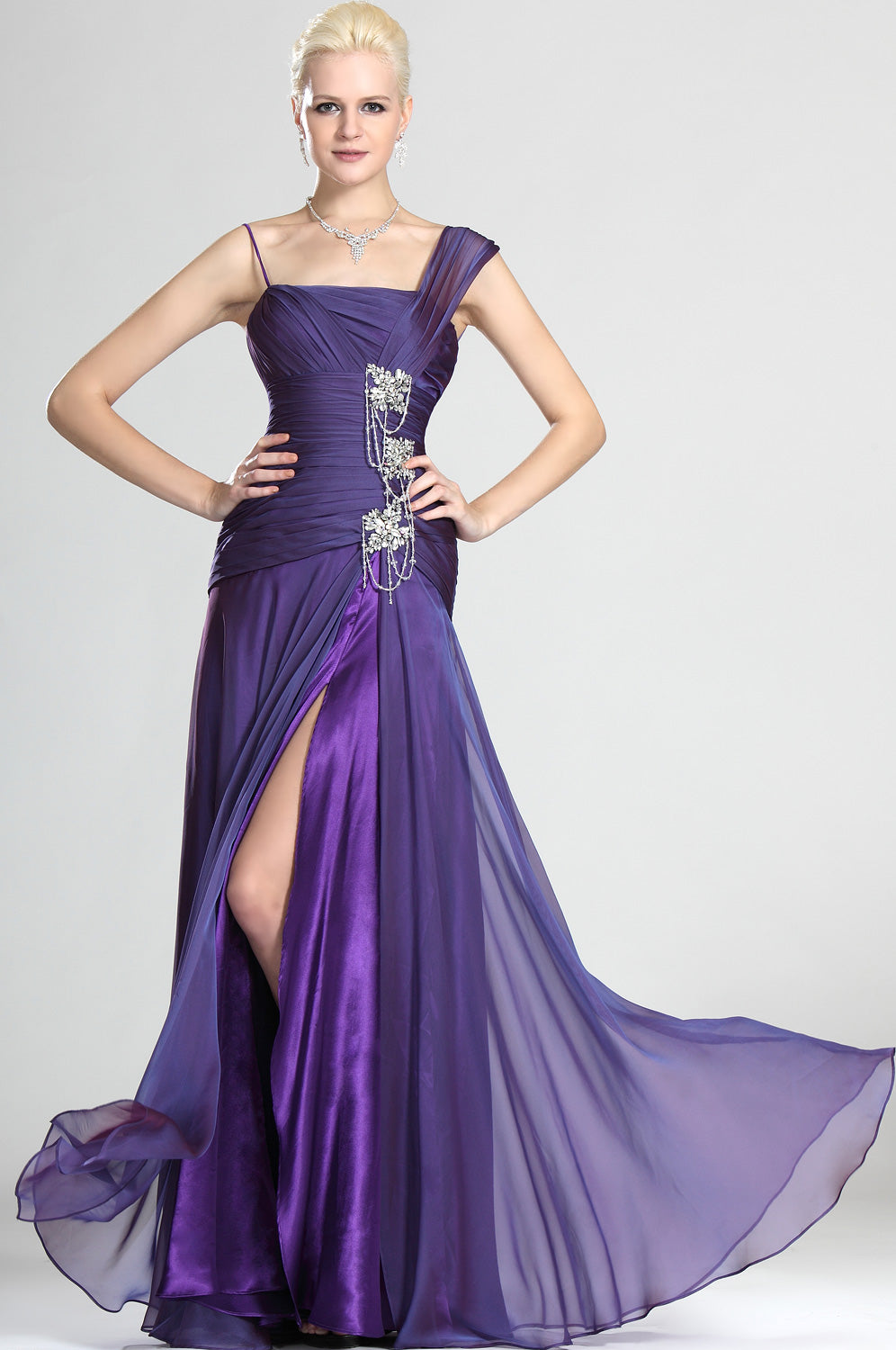 Split Front Lavender Purple Velvet Chiffon Trumpet/Mermaid Straps With Beading Bridesmaid Dress(UKBD03-498)