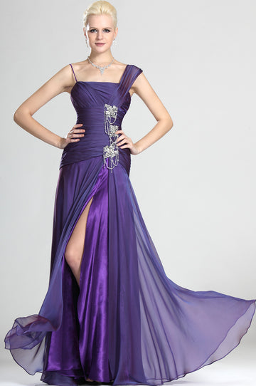 Split Front Lavender Purple Velvet Chiffon Trumpet/Mermaid Straps With Beading Bridesmaid Dress(UKBD03-498)
