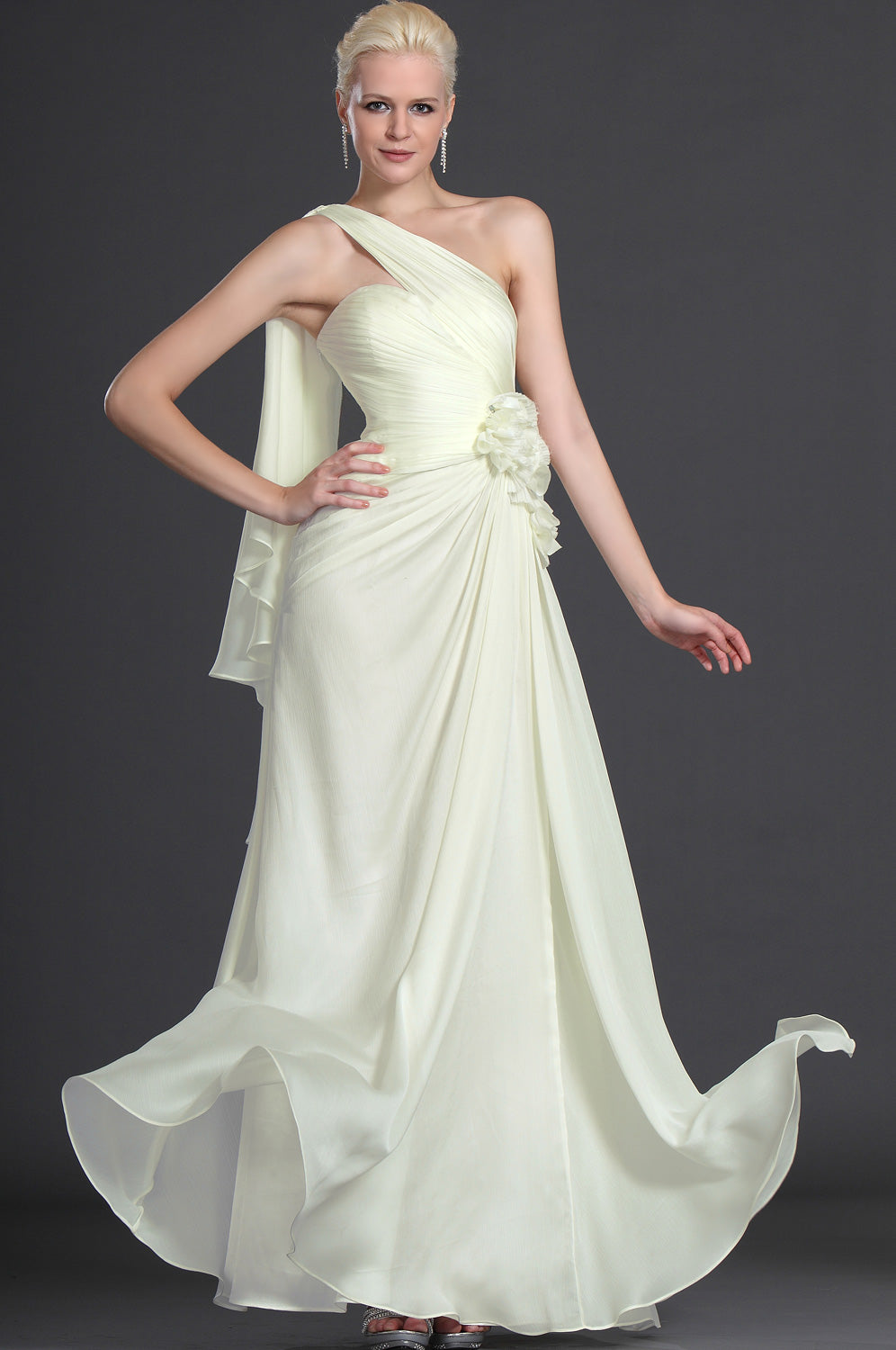 Light Yellow Satin Chiffon Sheath/Column One Shoulder With Side Draping Bridesmaid Dress(UKBD03-501)