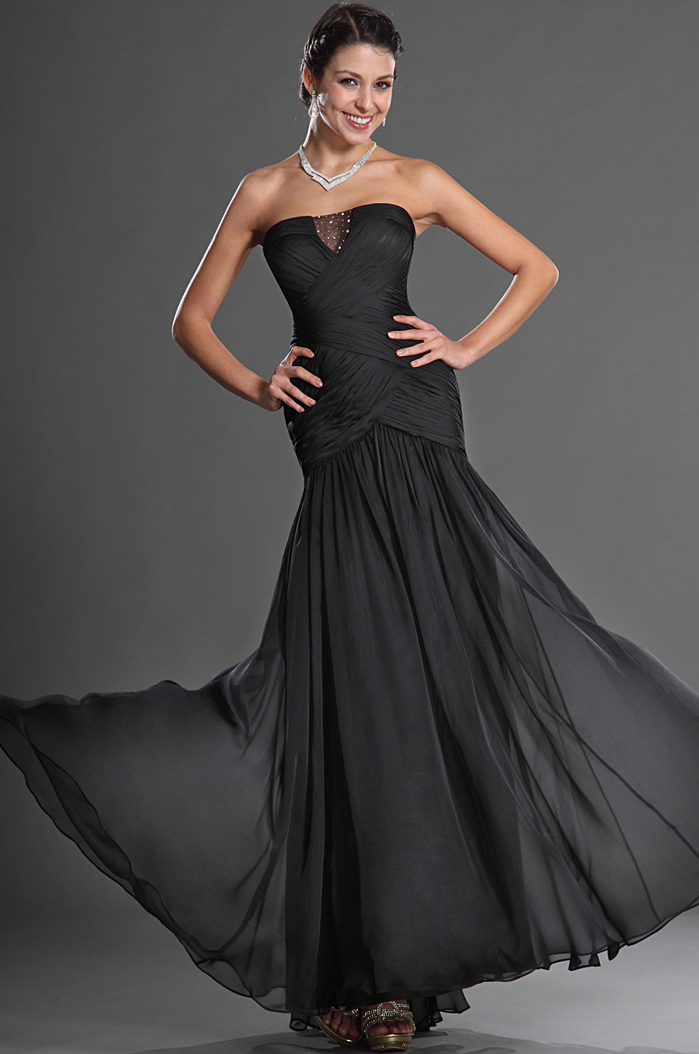 Black Chiffon Trumpet/Mermaid Strapless With Draping Black Bridesmaid Dress(UKBD03-511)