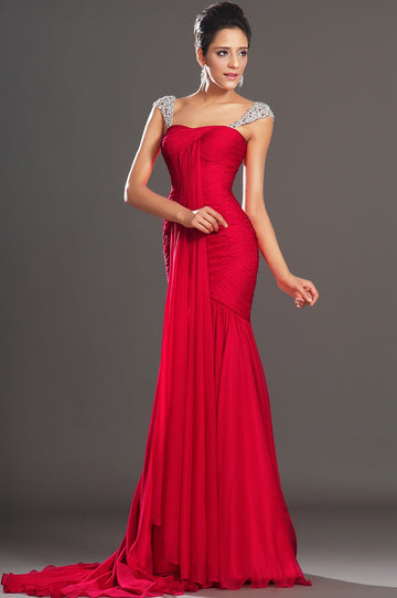 Red Chiffon Trumpet/Mermaid Off The Shoulder With Beading Bridesmaid Dress(UKBD03-513)