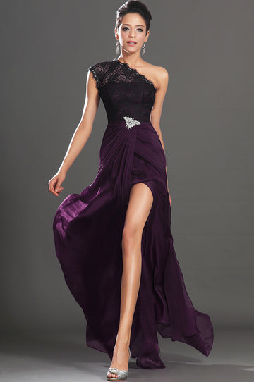 Grape Chiffon Trumpet/Mermaid One Shoulder Split Front Bridesmaid Dress(UKBD03-514)