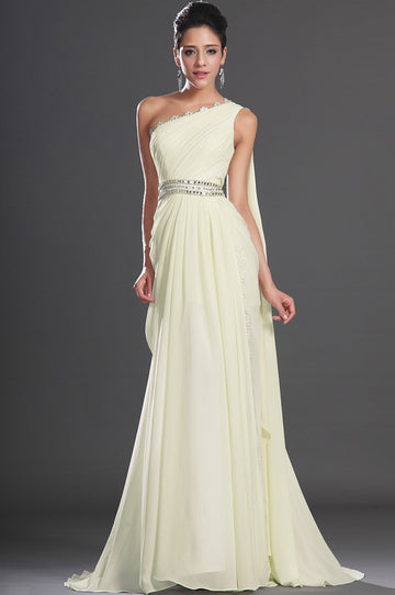A-Line Light Yellow Chiffon One Shoulder Split Front Bridesmaid Dress(UKBD03-518)