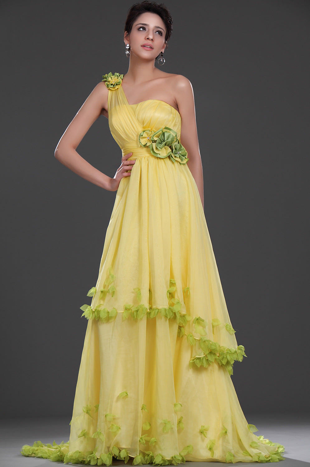 Yellow Chiffon One Shoulder Cascading Ruffles Bridesmaid Dress(UKBD03-527)
