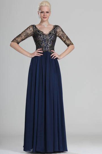 Navy Blue Lace A-line V-neck Half Sleeve Bridesmaid Dress(UKBD03-535)