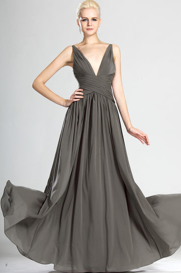 A-Line Dark Gray Chiffon V-neck With Criss Cross Bridesmaid Dress(UKBD03-536)