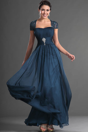 A-Line Dark Navy Chiffon Off The Shoulder Short Sleeve Bridesmaid Dress(UKBD03-537)