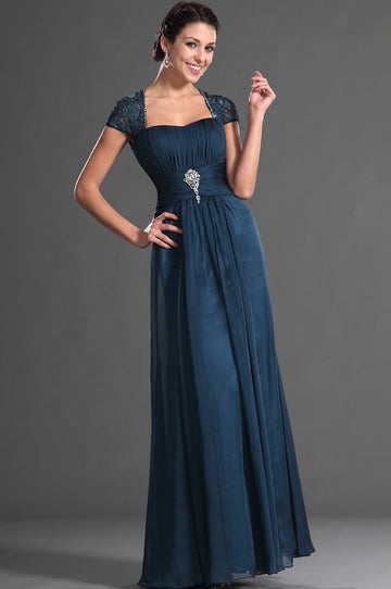 A-Line Dark Navy Chiffon Off The Shoulder Short Sleeve Bridesmaid Dress(UKBD03-537)