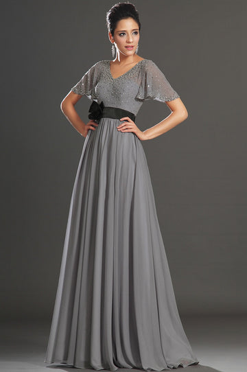 A-Line Silver Chiffon Beading Mother Gowns V-neck Short Sleeve Bridesmaid Dress(UKBD03-538)