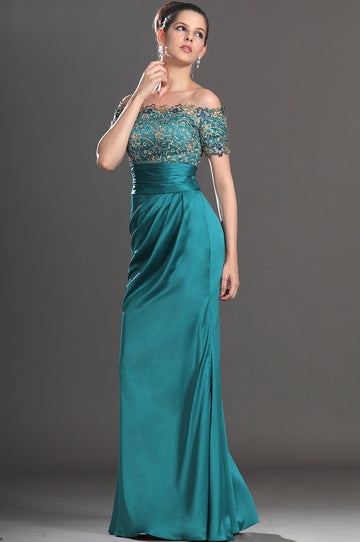 Dark Turquoise Chiffon Mother Gowns Off The Shoulder Short Sleeve Bridesmaid Dress(UKBD03-539)