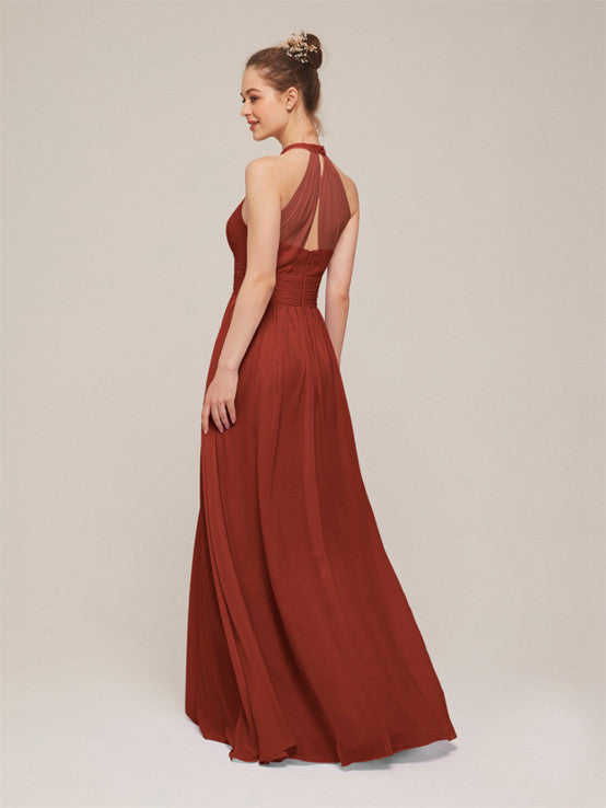Halter Sheath Ruched Chiffon Bridesmaid Dress in Moss