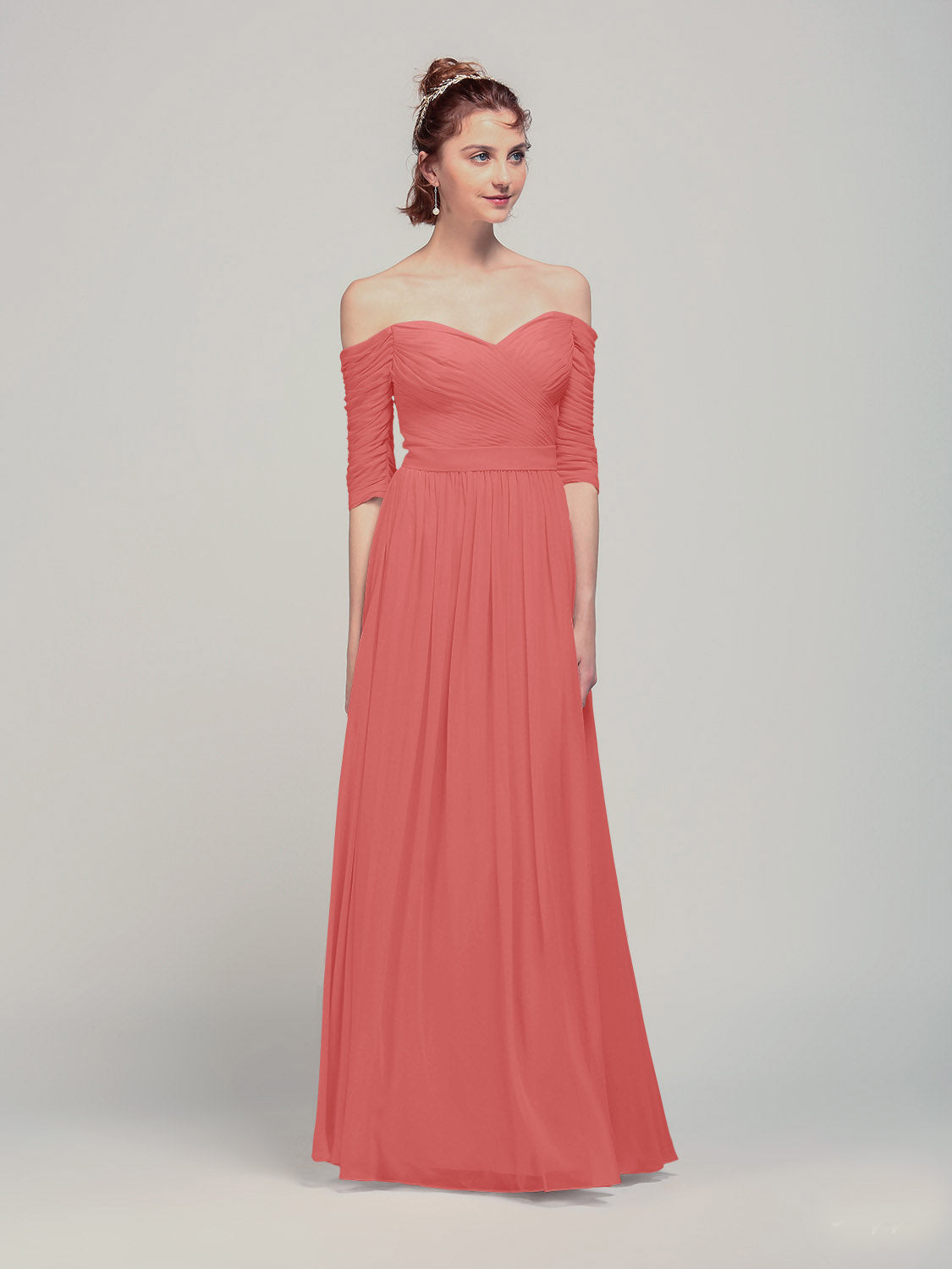 CBD018 Chiffon Off The Shoulder Coral Bridesmaid Dress