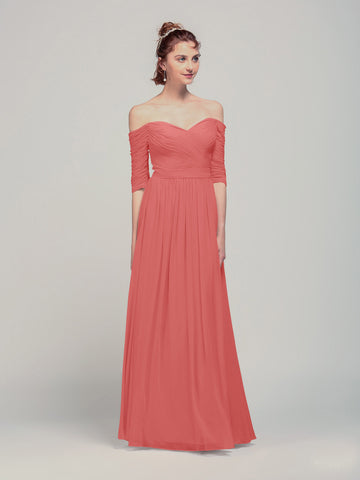 CBD018 Chiffon Off The Shoulder Coral Bridesmaid Dress