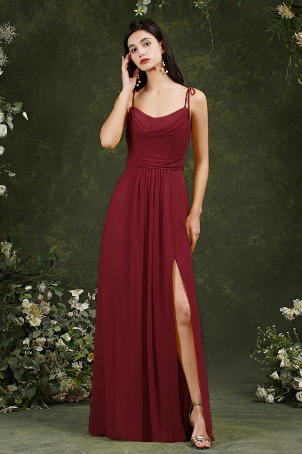 CBD025 Maroon Chiffon Split Front Bridesmaid Dress