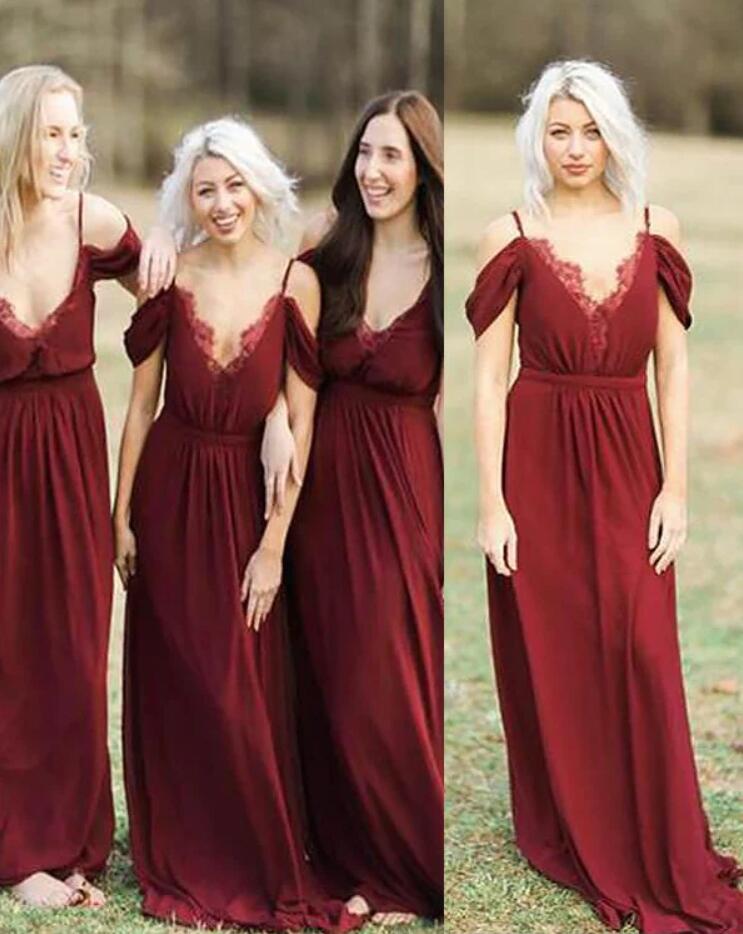 CBD027 Maroon Chiffon Straps BOHO Country Bridesmaid Dress