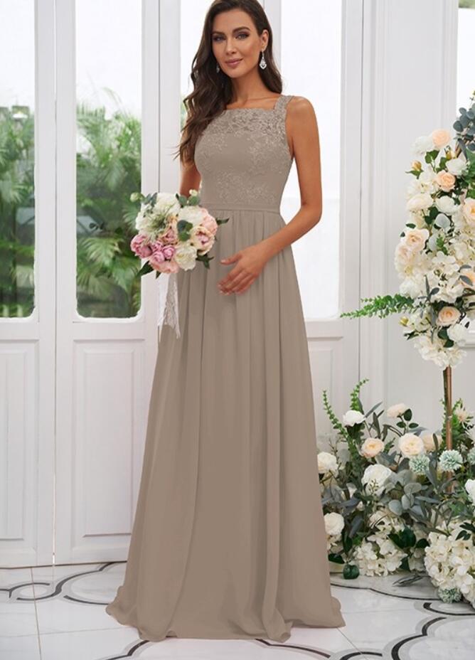 Custom Cheap Bridesmaid dress, Lace Top Modest Grey Chiffon Bridesmaid –  SposaBridal