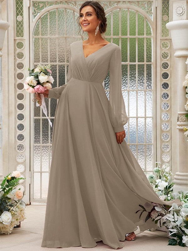 CBD035 Mother V Neck Chiffon Long Sleeve Taupe Bridesmaid Dress