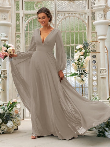 CBD036 Mother V Neck Chiffon Long Sleeve Taupe Bridesmaid Dress CBD036 Mother V Neck Chiffon Long Sleeve Taupe Bridesmaid Dress