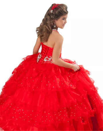 Ball Gown Layer Halter Red Kids Girl Prom Dress CH0161