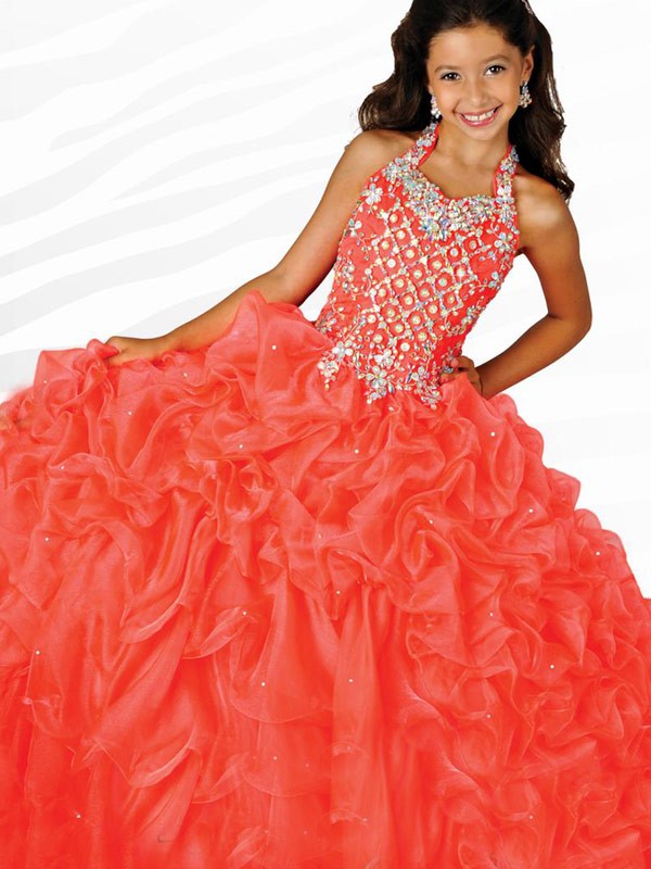 Ball Gown Halter Tomato Red Kids Girls Prom Dress CH0169