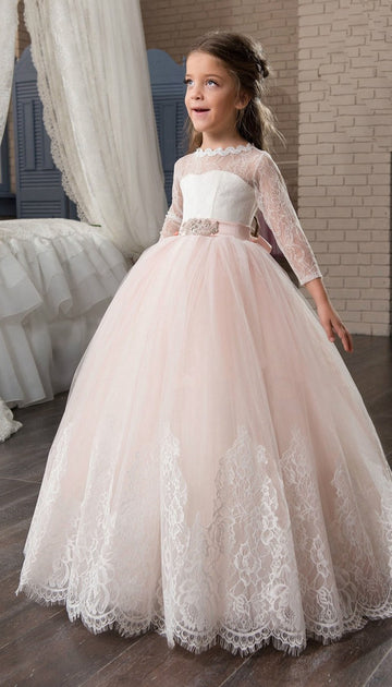 Jewel 3/4 Length Sleeve Candy Pink Kids Prom Dress CHK002
