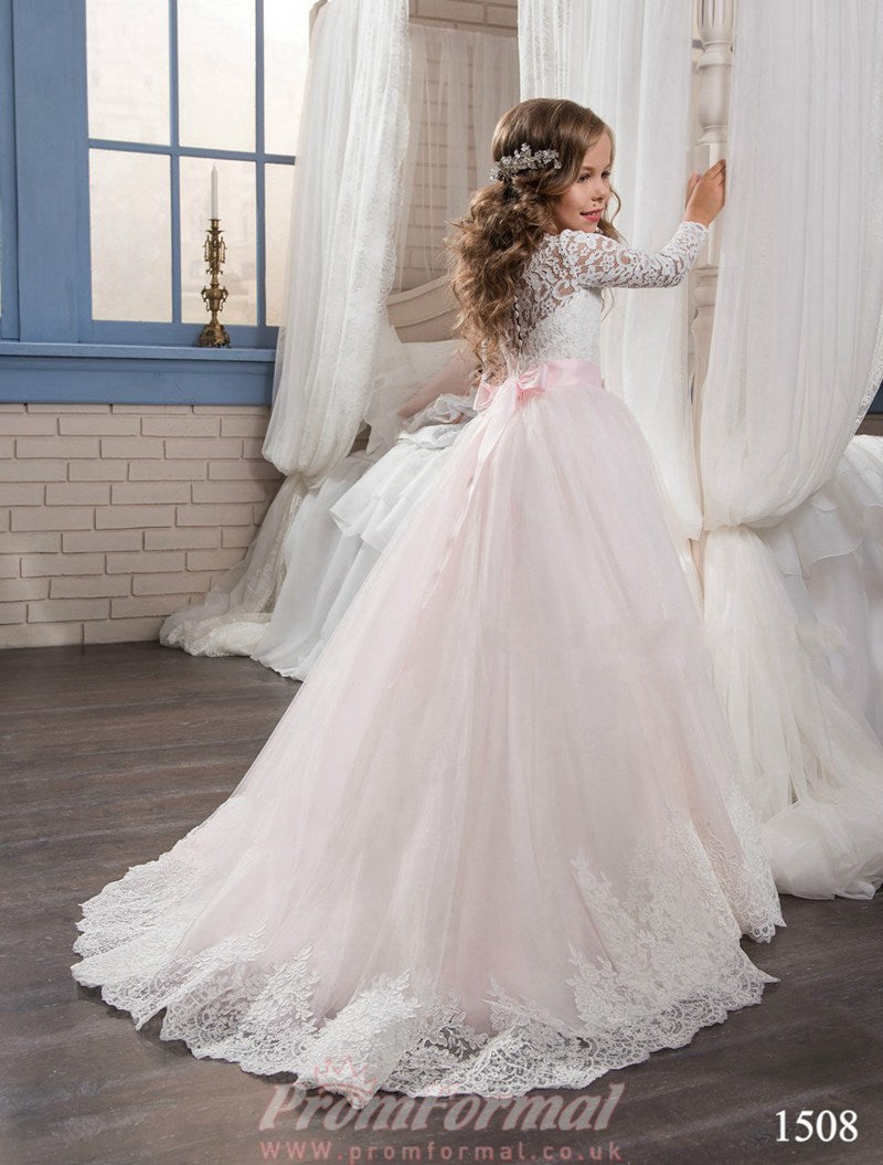 Long Sleeve Blushing Pink Kids Prom Dress CHK014