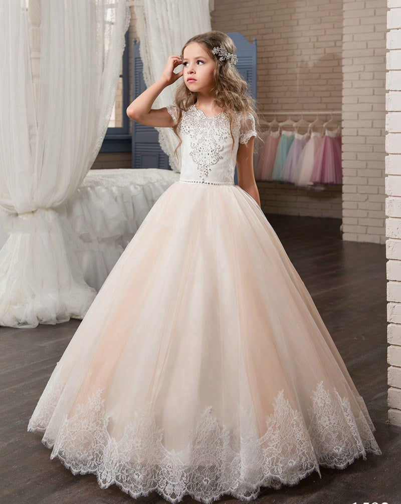 Short Sleeve Candy Pink Kids Prom Dress CHK016
