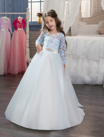 Long Sleeve Sky Blue Kids Prom Dress CHK017