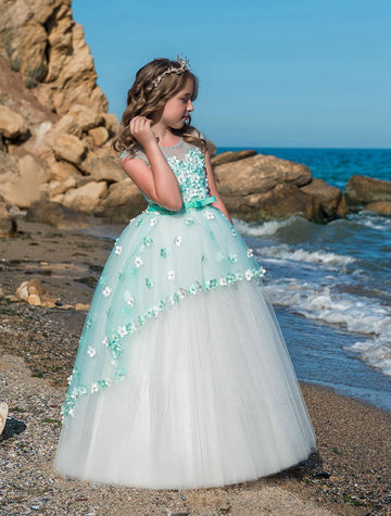 Light Turquoise Kids Prom Dress with Flowers CHK022