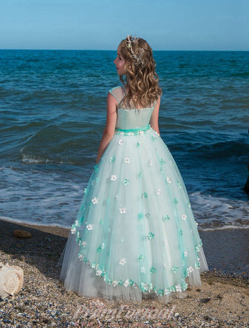 Light Turquoise Kids Prom Dress with Flowers CHK022