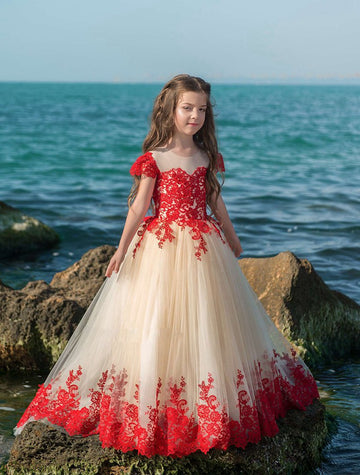 Short Sleeve Red Lace Kids Prom Dress CHK023