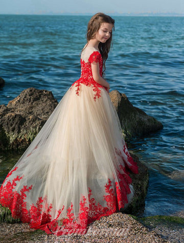 Short Sleeve Red Lace Kids Prom Dress CHK023