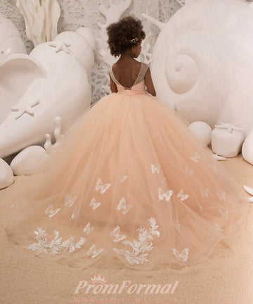 Butterfly Details Tulle Princess Girls Kids Prom Dress CHK042
