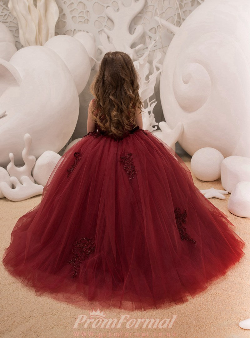 Ball Gown Tulle Princess Burgundy Kids Prom Dresses CHK043