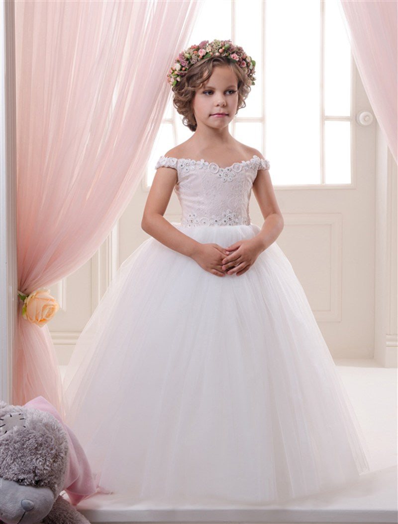 Off Shoulder White Kids Flower Girl Dress CHK044