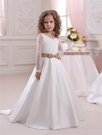 V Neck Long Sleeve White Kids Prom Dress CHK048