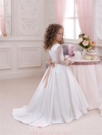 V Neck Long Sleeve White Kids Prom Dress CHK048