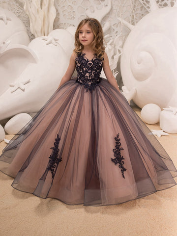 Tulle Lace Black Pink Ball Gown Kids Prom Dress CHK054