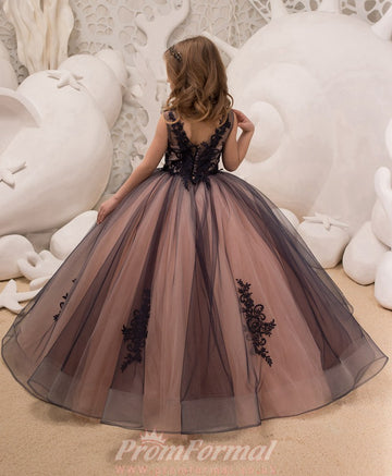Tulle Lace Black Pink Ball Gown Kids Prom Dress CHK054