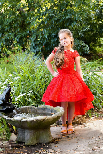 Red High Low Lace Kids Prom Dress CHK055