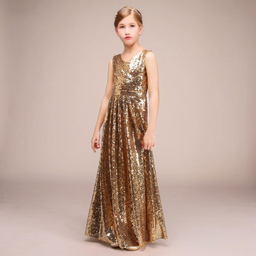 V Neck Gold Sequin Kids Pageant Dress CHK172