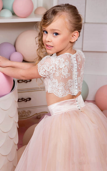 Two Piece Lace Short Sleeve Kids Prom Dress BDCHK173