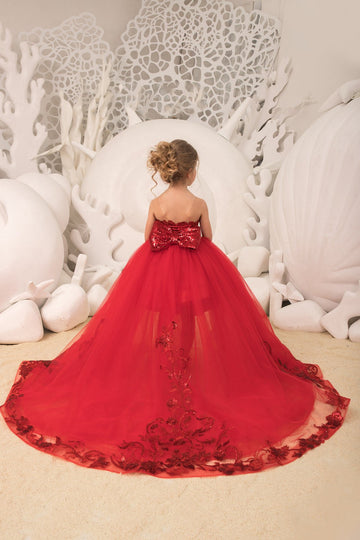 Red Sequins Removable High Low Kids Party Dress with Bow BDCHK180